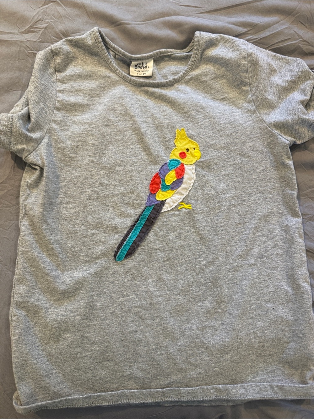 Mini Boden Gray Tee with Bright Yellow Multicolor Cockatiel Applique